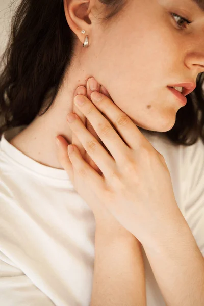 Sick Attractive Girl Touches Throat Pain Laryngitis First Symptoms Throat — Stock Photo, Image