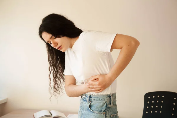 Stomach Pain Pancreatitis Disease Pancreas Becomes Inflamed Sick Girl Hold — Stock Photo, Image