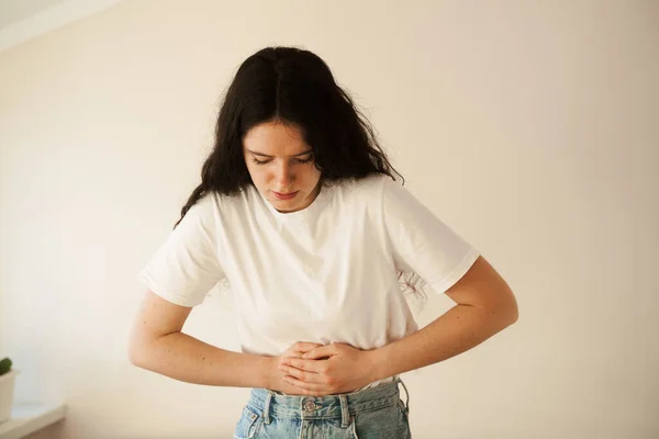 Stomach Pain Pancreatitis Disease Pancreas Becomes Inflamed Sick Girl Hold — ストック写真