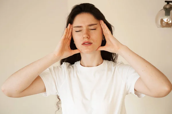 Depressed Girl Migraine Headache Sad Woman Touches Temples Because Stress —  Fotos de Stock