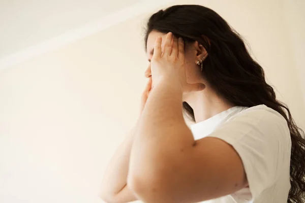 Depressed Girl Migraine Headache Sad Woman Touches Temples Because Stress —  Fotos de Stock