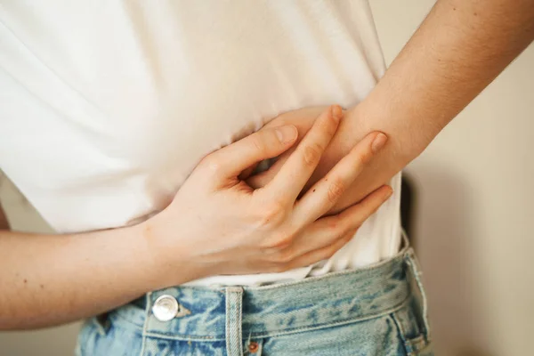 Stomach Pain Pancreatitis Disease Pancreas Becomes Inflamed Sick Girl Hold — Stock Photo, Image