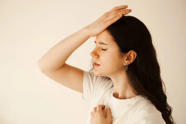 Sad Woman Migraine Strong Headache Disease Depression Overstressed Woman Head —  Fotos de Stock