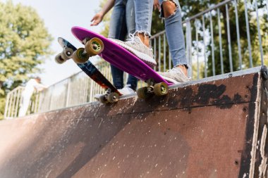 Children girls friends ready for ride on penny board on skateboard park playground. Sports equipment for kids
