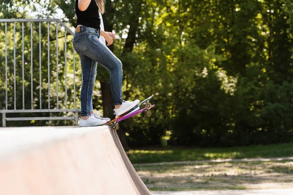 Teenager Girls Friends Ready Ride Penny Board Skateboard Park Playground — Stock Photo, Image