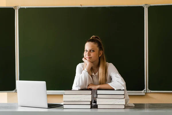 Education School Schoolgirl Laptop Many Books Making Homework Girl Lying — Zdjęcie stockowe