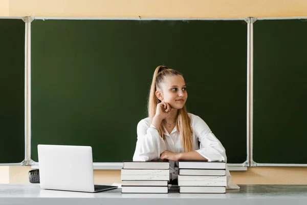 Education School Schoolgirl Laptop Many Books Making Homework Girl Lying — Zdjęcie stockowe