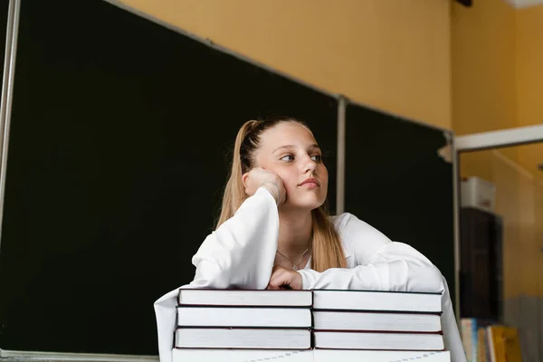 Tired Frustrated Schoolgirl Lies Books Blackboard School School Education Girl — Zdjęcie stockowe