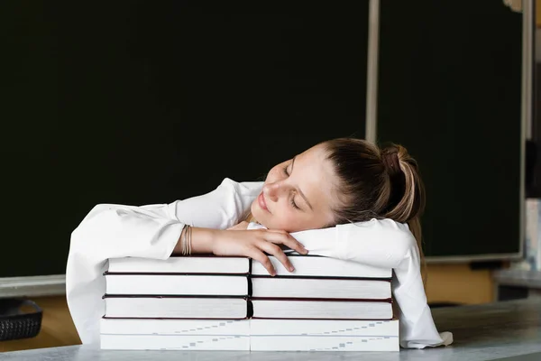 Tired Schoolgirl Lies Sleeping Books Blackboard School School Education Girl — Zdjęcie stockowe