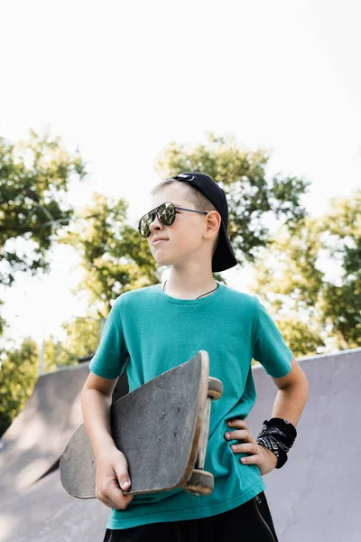 Happy Young Child Boy Skate Board Playground Smile Extreme Sport — Foto de Stock