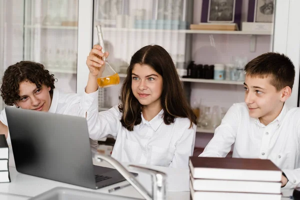 Chemistry Lesson Schoolgirl Classmates Holds Flask Experiments Smiles Laboratory School — ストック写真