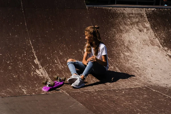 Active Child Girl Fall Penny Board Injured Sitting Feel Pain — Foto de Stock