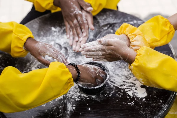 Hands Multinational Children Cooks Play Flour Dough Having Fun Close — ストック写真
