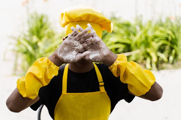 Black African Cook Teenager Showing Hands Flour Close His Face — ストック写真