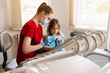 Diş hekimliğinde çocuk için ağız hijyenik çene anatomik modeli dersi. Dişçi çocuğa diş fırçasıyla dişlerini nasıl düzgün fırçalayacağını gösteriyor.