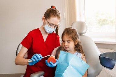 Dentist shows child how to properly use toothbrush for brush teeth. Jaw anatomical model teeth brushing. Pediatric dentist teaching oral hygiene lesson for kids in dentistry