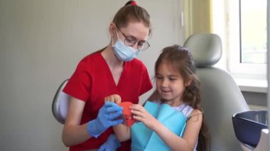 Dentist shows child how to properly use toothbrush for brush teeth. 4k video. Jaw anatomical model teeth brushing. Pediatric dentist teaching oral hygiene lesson for kids in dentistry