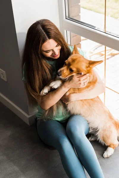 Attractive Girl Hug Play Corgi Dog Welsh Corgi Pembroke His — Fotografia de Stock