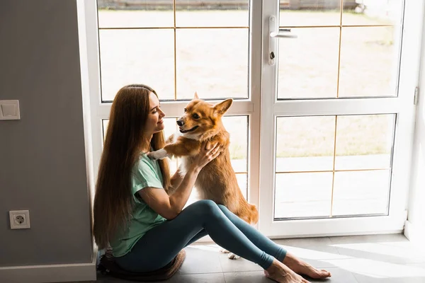 Happy Girl Hug Corgi Dog Home Lifestyle Domestic Pet Young — стоковое фото