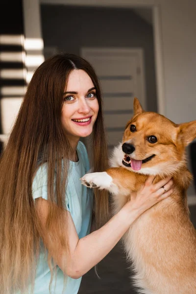 Domestic Corgi Dog Girl Owner Young Woman Sitting Floor Hug — Foto Stock