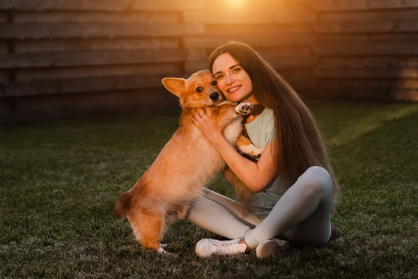 Domestic Corgi Dog Girl Owner Young Woman Sitting Grass Hug — Photo