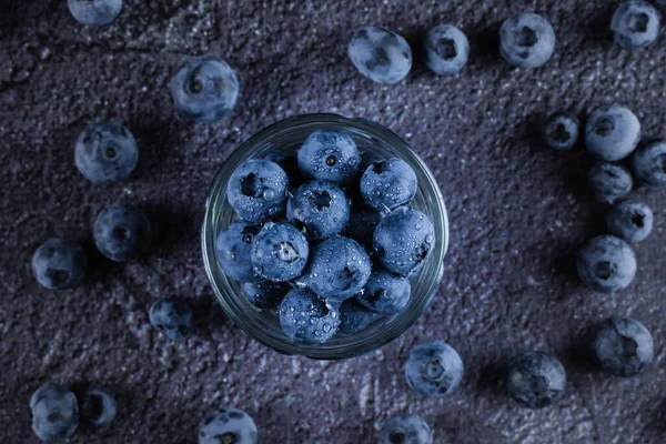 Blueberry Glass Plate Top View Blueberries Organic Natural Berry Water — Stock Photo, Image