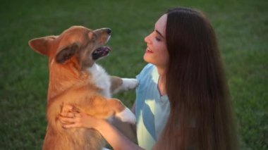 4k video Welsh Corgi Pembroke dog kiss his girl owner on the grass. Lifestyle with domestic playful pet. Young woman hug lovely Corgi dog and smile outdoor