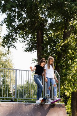 Children friendship. Girls friends ready for ride on penny board on skateboard park playground. Sports equipment for kids. Extreme lifestyle
