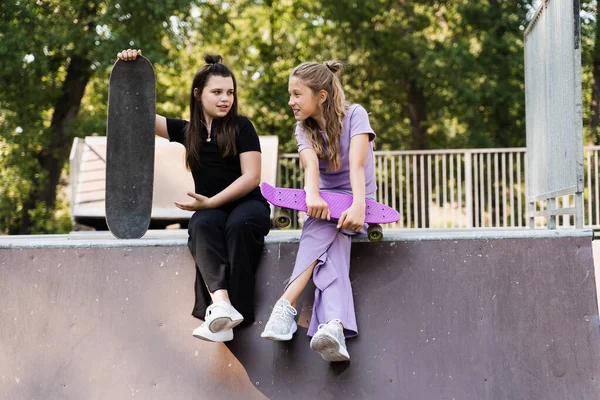 Fashion Children Girls Posing Skate Board Penny Board Sport Ramp — Zdjęcie stockowe