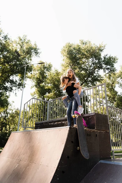 Kids Girls Smile Laugh Have Fun Together Children Skateboard Penny — Photo