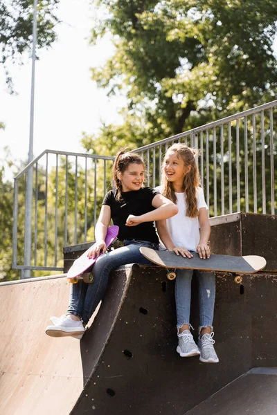 Kids Girls Smile Laugh Have Fun Together Children Skateboard Penny — Photo