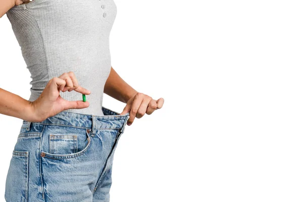 Woman Weight Loss Pills Showing Result Diet White Background Weight — Foto Stock