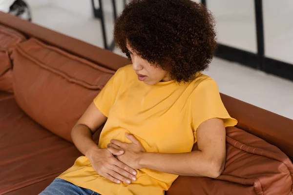 Stomach Pain Sick African American Girl Hold Abdomen Because Hurts — Stock Photo, Image