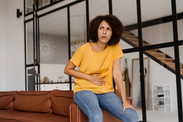 Cancer Stomach Esophagus African Girl Sick Woman Holding Her Stomach — Stock Photo, Image