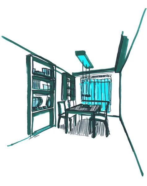 Desenho vetorial interior. Design arquitectónico. Sala de jantar sketc — Vetor de Stock