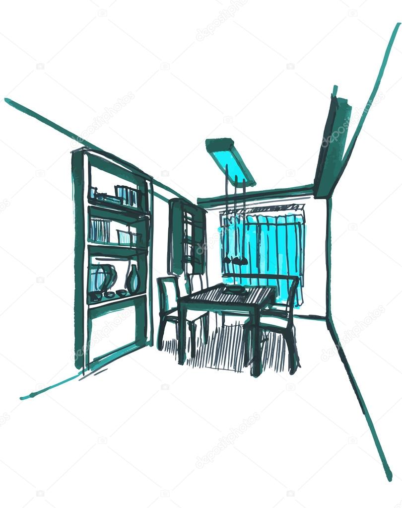 Interior vector drawing. Architectural design. Dining room sketc
