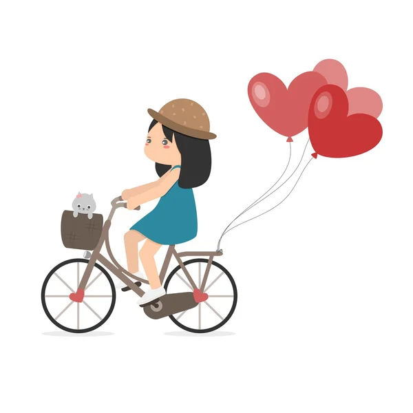 Chica montar en bicicleta con globos de corazón — Vector de stock