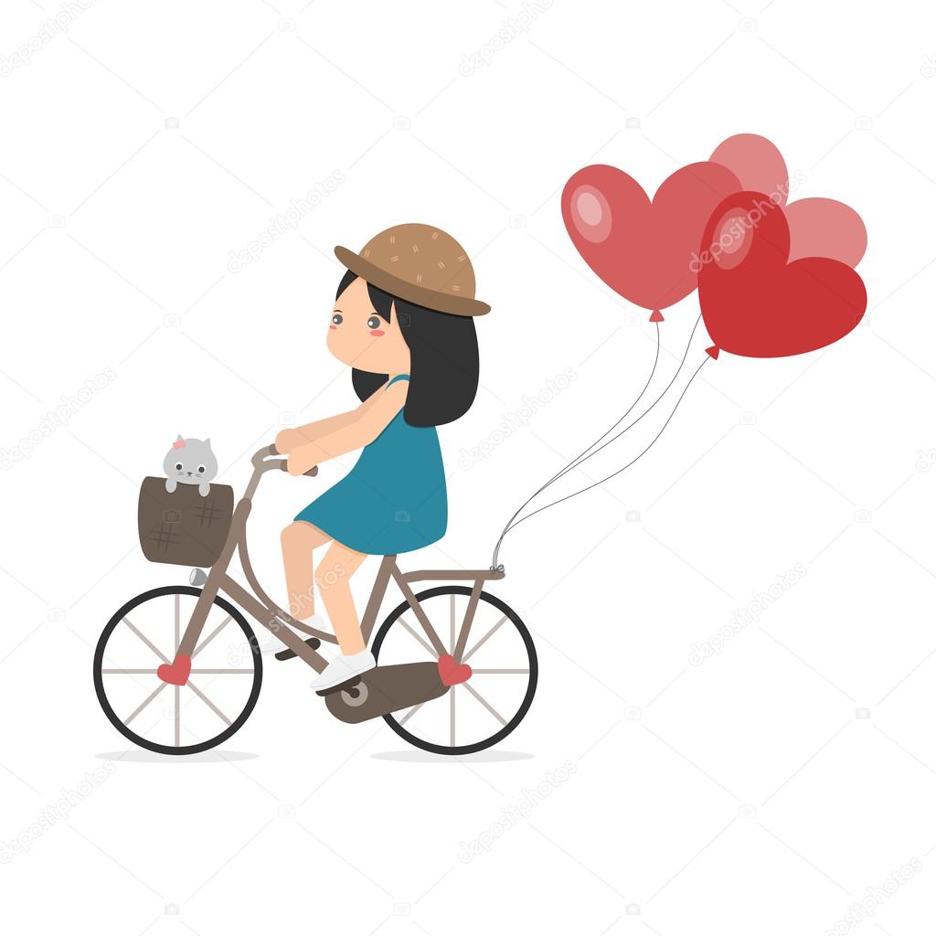 Girl Riding Bicycle With Heart Balloons