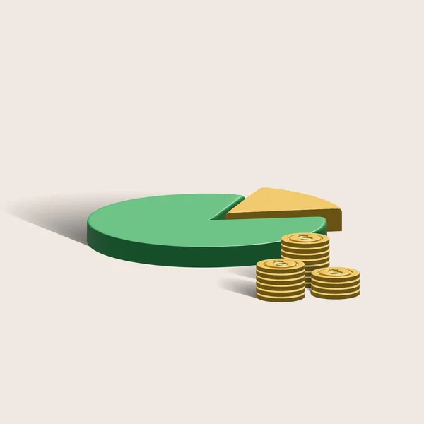 pie chart 3d icon. green pie chart with coins 3d illustration