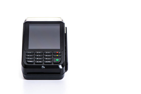 black payment terminal for accepting money from plastic cards from customers on a white background