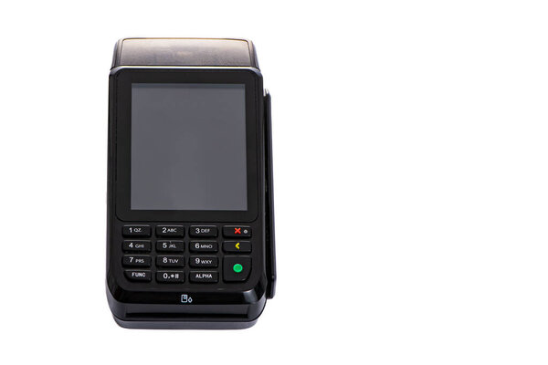 payment terminal for accepting money from plastic cards on a white background