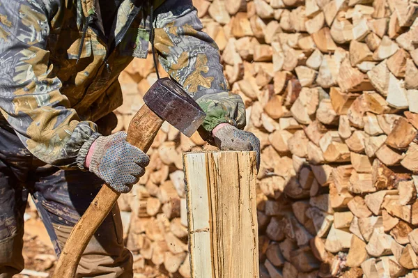 Brennholz hacken mit einem Häcksler in Nahaufnahme an einem sonnigen Tag — Stockfoto