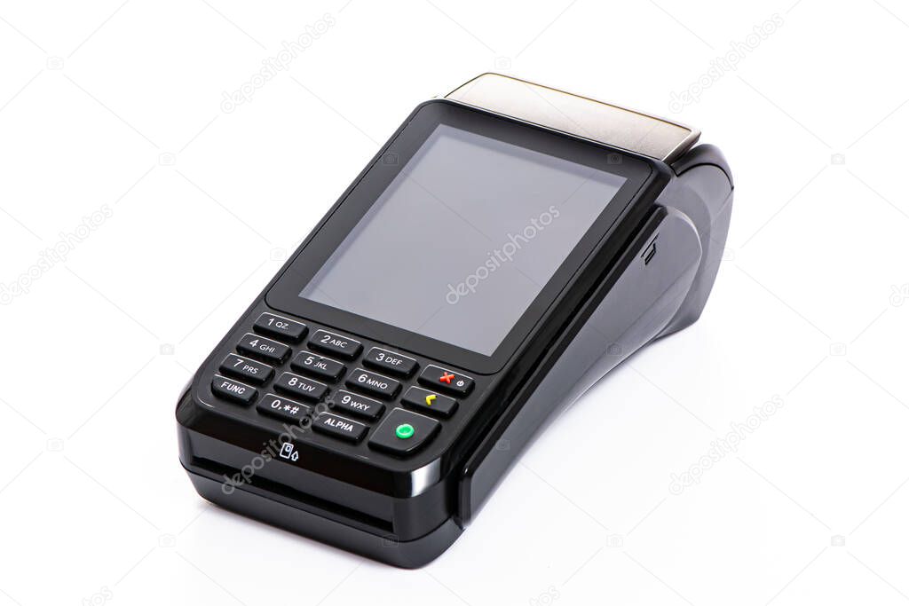 payment terminal for accepting money from plastic cards on a white background