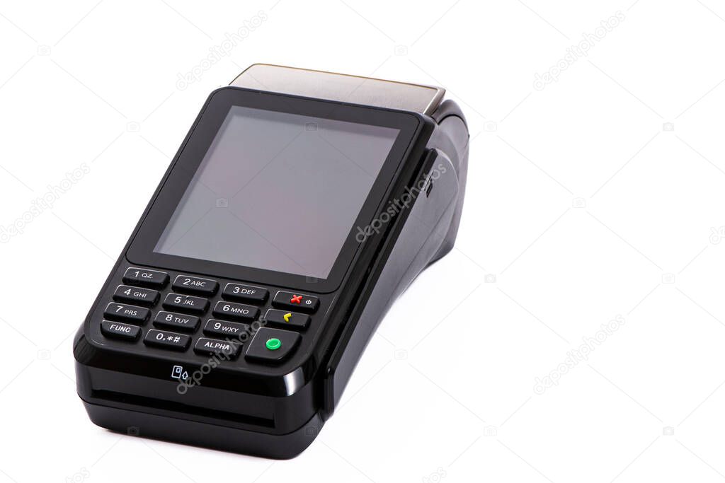 payment terminal for accepting money from plastic cards on a white background