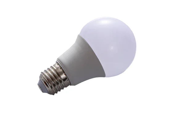 Біла світлодіодна лампа з основою E27 лежить на білому ізольованому фоні — стокове фото