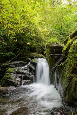 Hoar Oak Nehri 'nin üzerinde Exmoor Ulusal Parkı' ndaki Watersmeet 'te akan şelalenin uzun pozu.