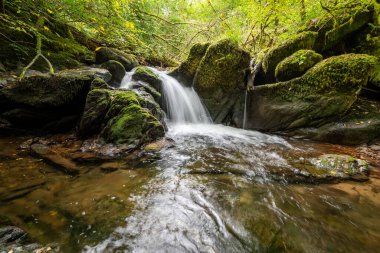Hoar Oak Nehri 'nin üzerinde Exmoor Ulusal Parkı' ndaki Watersmeet 'te akan şelalenin uzun pozu.