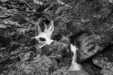 Hoar Oak Nehri 'nin üzerinde Exmoor Ulusal Parkı' ndaki Watersmeet 'te akan şelalenin uzun pozu.