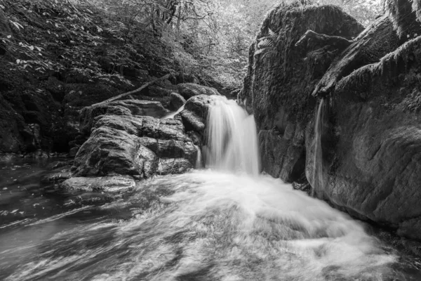 Exmoor国立公園のWatersmetで森を流れるHoar Oak Water川の滝の長い露出 — ストック写真