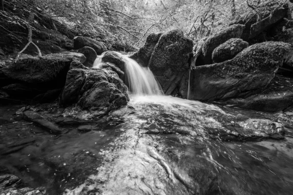 Exmoor国立公園のWatersmetで森を流れるHoar Oak Water川の滝の長い露出 — ストック写真